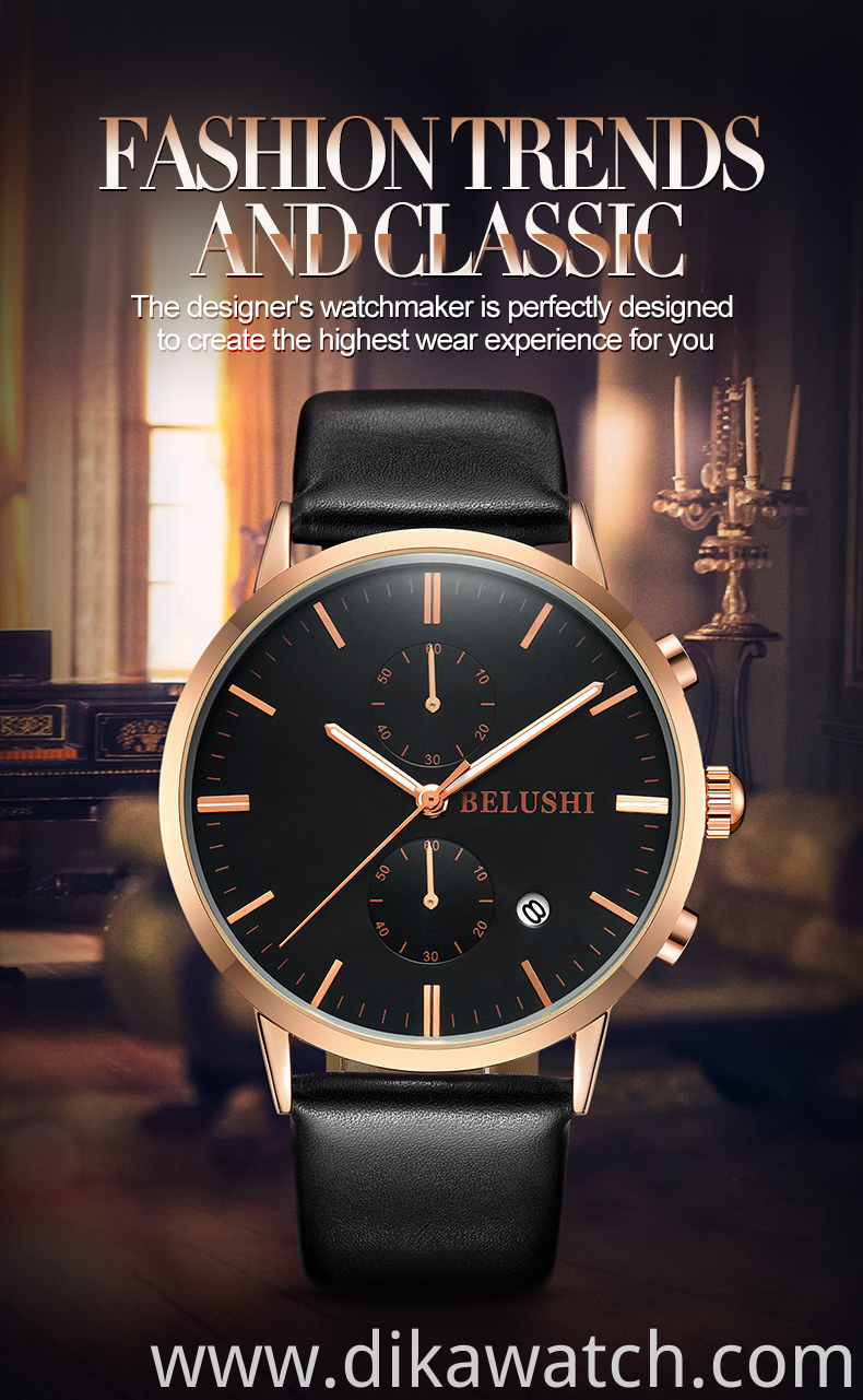BELUSHI 522 Multifunctional Calendar Leather Strap Watches For Men with Luminous Watch Business Casual Fashion Relogio Masculino